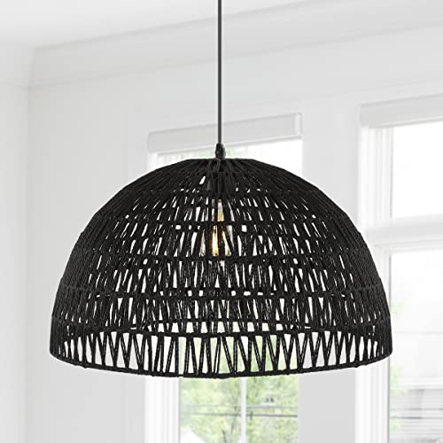 20" 1-Light Bohemian Modern Woven Rattan/Iron LED Pendant Farmhouse Coastal Adjustable Dining Room Living Room Kitchen Island Foyer Bedroom Hallway, Black