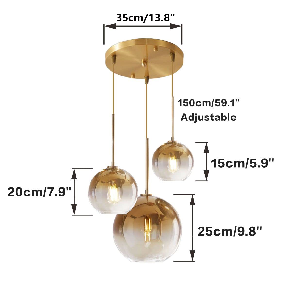 KCO Lighting 3 Light Globe Cluster Pendant Light Modern Glass Cluster Chandelier Gold Glass Pendant Light Fixture Mid Century Dining Room Chandelier Multi Pendant Light Fixture