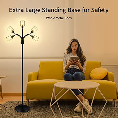 Floor Lamp, 6W Black Modern Floor Lamp with 4W Adjustable Reading Lamp, 2700K Energy-Saving LED Bulbs Included, Industrial Bright Floor Lamp for Bedroom, Living Room and Office