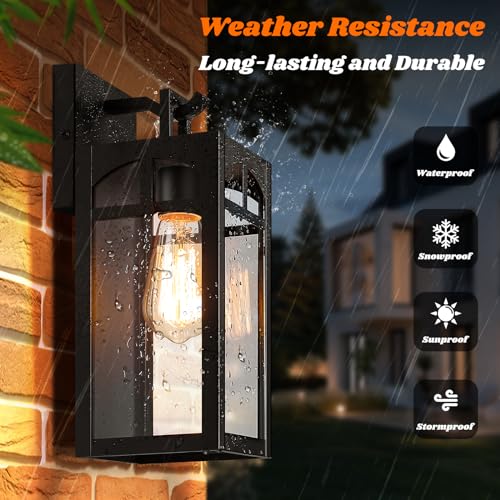 Outdoor Wall Lanterns, Exterior Waterproof Matte Black Wall Light Fixtures, Sconces Wall Lighting with Clear Glass Shade, Anti-Rust E26 Socket Wall Mount Lights for Porch Entryway Patio Garage, 2 Pack