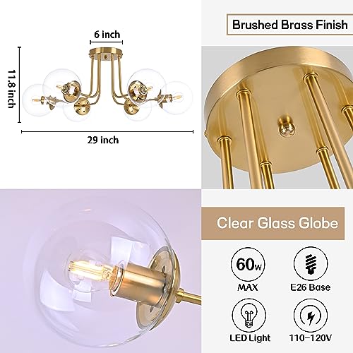 KoKo&Yukina 3-Light Semi Flush Mount Ceiling Light Globe Ceiling Light Mid Century Ceiling Light with Opal Milk Glass Globe & Brushed Brass for Bedroom Hallway Entryway Kitchen Living Room-Bulb Incl