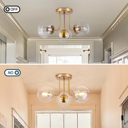 KoKo&Yukina 3-Light Semi Flush Mount Ceiling Light Globe Ceiling Light Mid Century Ceiling Light with Opal Milk Glass Globe & Brushed Brass for Bedroom Hallway Entryway Kitchen Living Room-Bulb Incl