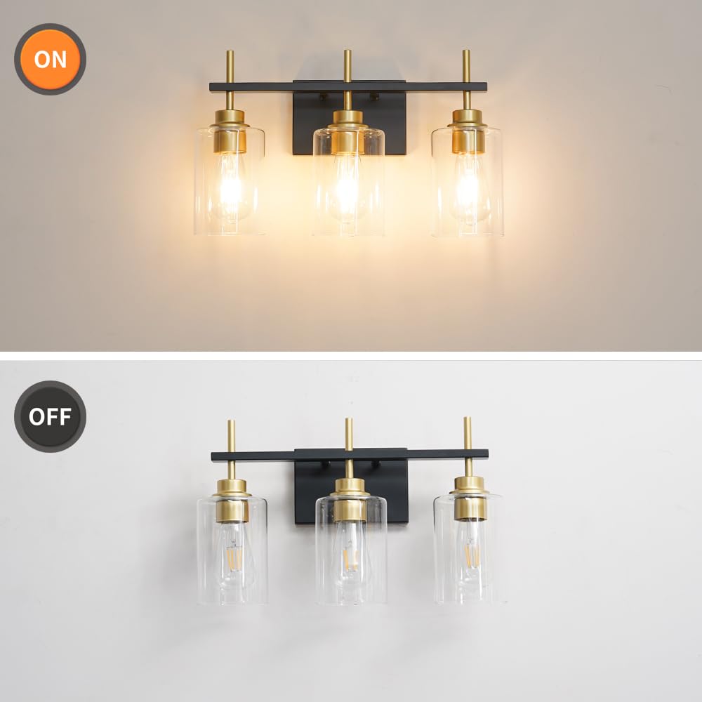 Black and Gold Wall Sconces Set of Two, Bathroom Sconce Wall Lighting Set of 2,Modern Glass Bathroom Wall Light, Wall Mounted Light for Bedroom Living Room Hallway