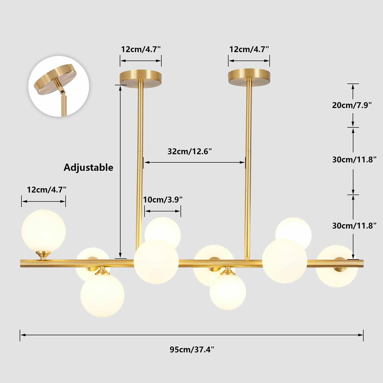 BOKT Modern Gold Chandelier 7-Lights Frosted Glass Globe Pendant Light Kitchen Island Linear Hanging Lighting Fixtures for Living Room Bedroom Dining Room Corridor