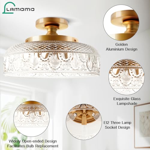 Semi Flush Mount Ceiling Light, Upgraded Larger Golden Hallway Light Fixture, 3-Bulb Globe Glass Close to Ceiling Light,Indoor Hanging Light for Bedroom Kitchen Porch Hallway,Bulbs Not Included