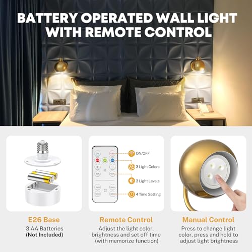 Wall Sconces Battery Operated, Gold Wall Sconce Battery Operated with Remote Set of 2, Not Hardwired Dimmable Battery Wall Sconce, Wireless Wall Lamp/Light for Bedroom, LED Bulb Included