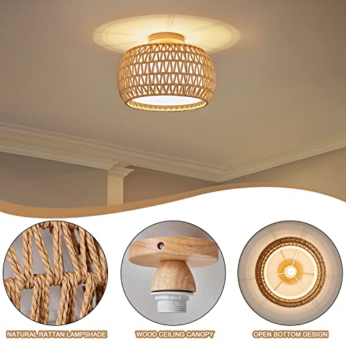 Rattan Ceiling Light Fixtures, Hand-woven Boho Flush Mount Ceiling Light, Handmade Rattan Light Fixtures Ceiling Mount with Fabric Shade, Farmhouse Light Fixture for Bedroom Hallway Entryway (White)