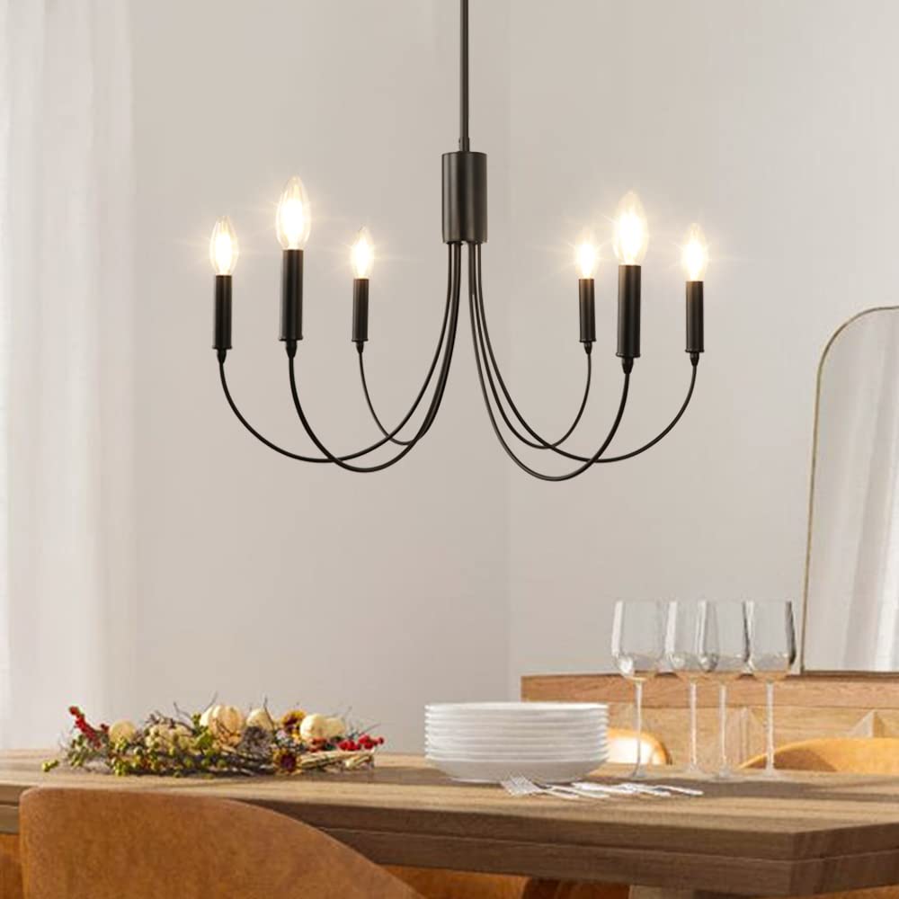 Black Chandelier, 6-Light Modern Farmhouse Chandeliers for Dining Room Light Fixture, 24" Small Rustic Industrial Metal Pendant Light Fixtures for Kitchen Island Bedroom Living Room