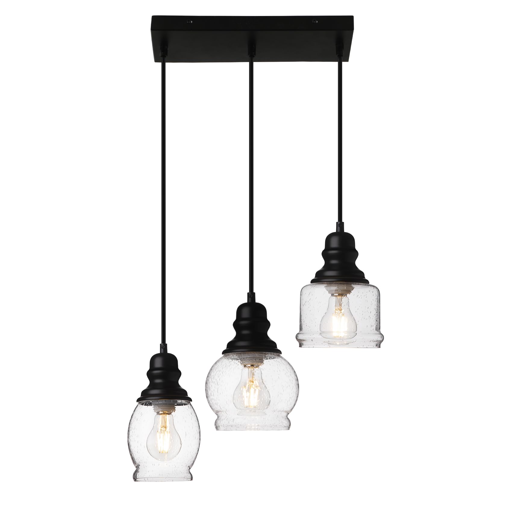 WILON Industrial Pendant Lighting, Pendant Lights for Kitchen Island 3 Light Glass Pendant Light Fixture with Seeded Glass Shade, Adjustable Cord Farmhouse Ceiling Light Black finish Linear Chandelier