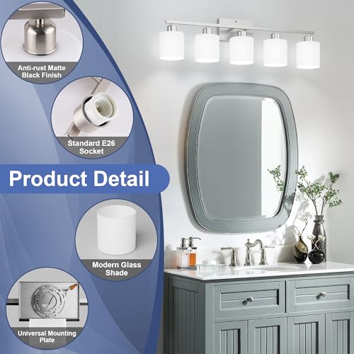 Black Bathroom Light Fixtures Over Mirror, Rustproof Vanity Lights for Bathroom, Modern 3-Light Wall Sconces for Living Room, Milky White Glass Shades, Standard E26 Base, Bulbs Not Included