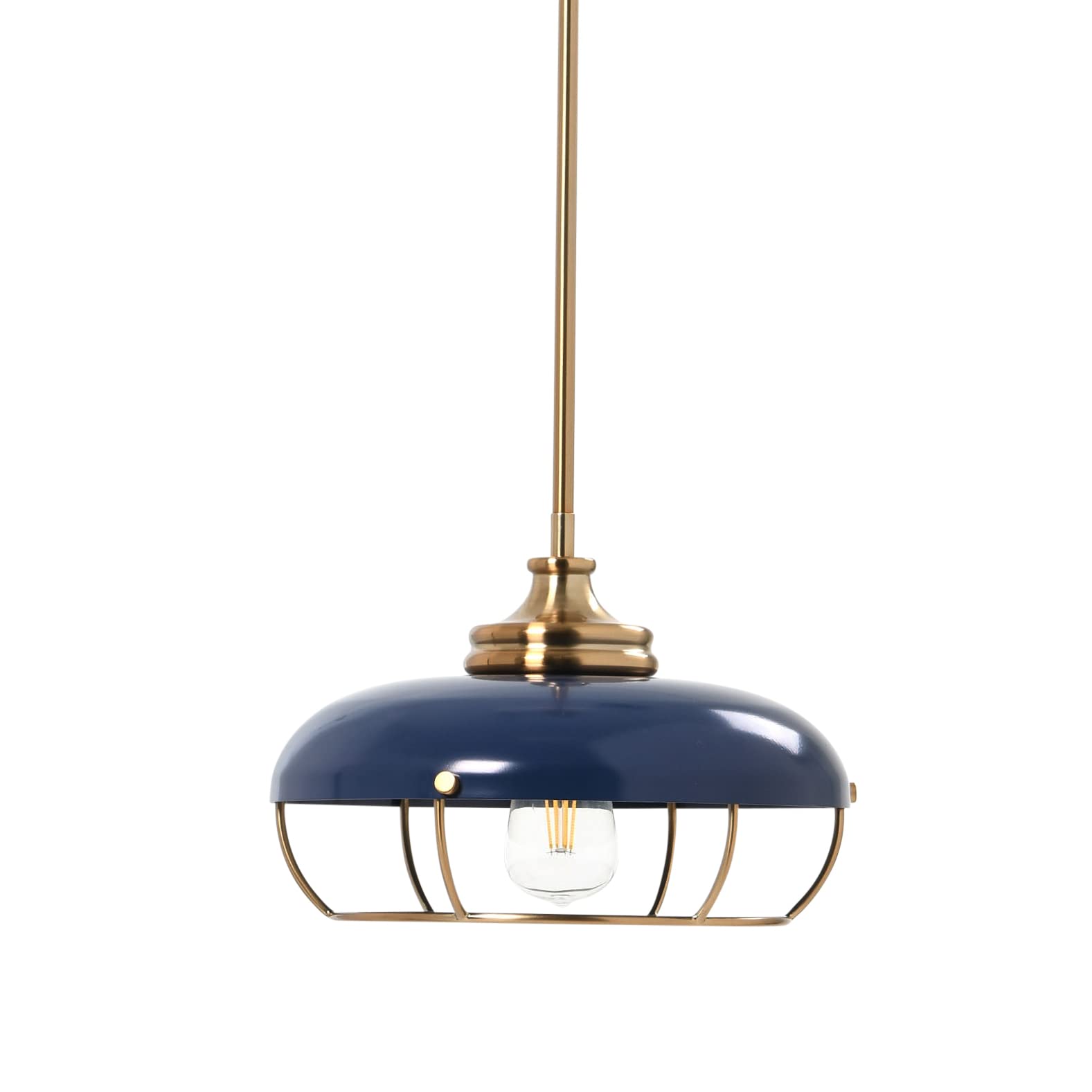 Caged Dome Metal Semi-Flush Mount Ceiling Light, Brushed Brass and Navy Blue