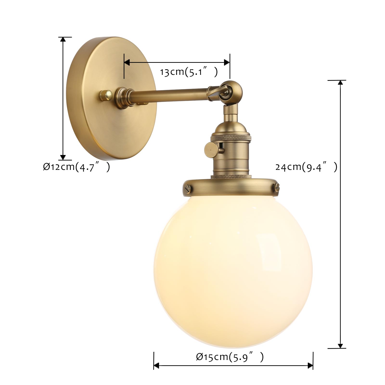 Industrial Wall Sconce with White Globe, Brass Bathroom Vanity Light with On Off Switch, Vintage Wall Light Fixtures for Living Room Loft Hallway