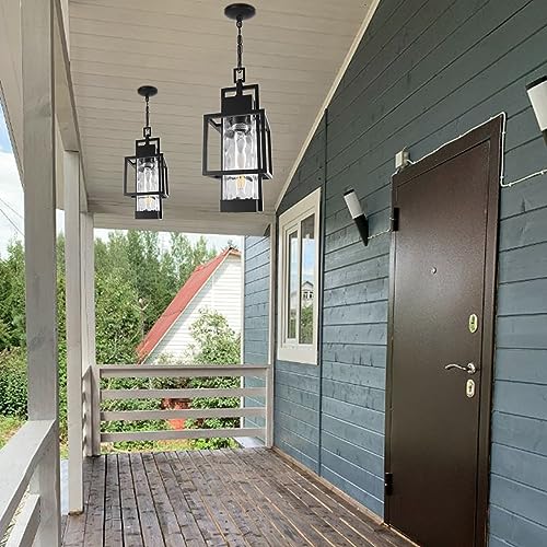 15" Dusk to Dawn Outdoor Pendant Light Exterior Hanging Lantern, Modern Black Metal Outside Chandelier Light Fixture Ceiling Mount with Water Glass for Front Porch Entrance Foyer Entryway