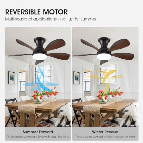 33In Black Low Profile Ceiling Fans with Lights and Remote/APP Control, Modern Flush Mount Ceiling Fan with 5 Reversible Blades for Outdoor Patio,Small Room,Bedroom…