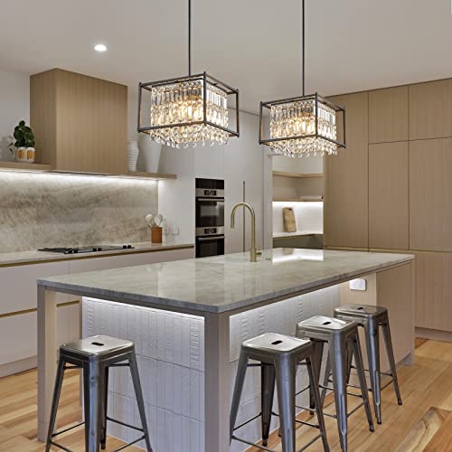 4-Light Dining Room Light Fixture 11.81 inch Square Lndustrial Farmhouse Chandelier Gold Metal Crystal Pendant Light for Kitchen Island Dining Room Living Room Flat and Inclined Ceiling