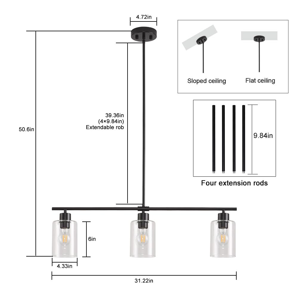 3 Lights Pendant Lighting for Kitchen Island,3 Tier Linear Pendant Chandeliers with 1 Base,Modern Farmhouse Island Light with Clear Glass,Adjustable (Black Island 3 Tier Stem Rod)