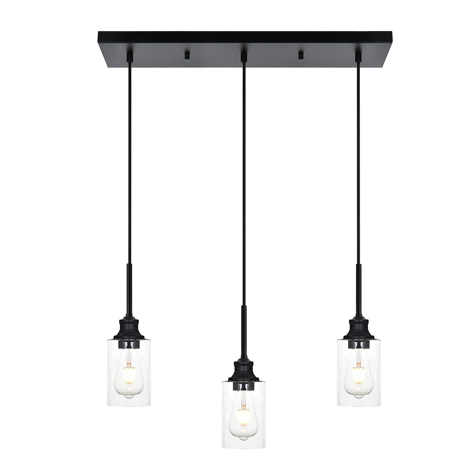 3-Light Kitchen Island Pendant Light Fixtures Hanging Black Farmhouse Pendant Lighting Cluster with Clear Glass Shade, Modern Industrial Linear Chandeliers Light for Dining Room Foyer Hallway