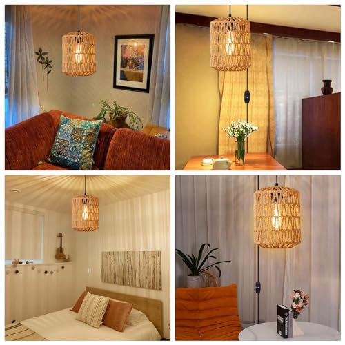 Plug in Pendant Light, Rattan Hanging Lights with Plug in Cord 15ft Dimmable Cord, Hand Woven Wicker Lampshade Hanging Lamp, Boho Plug in Hanging Ceiling Light Fixture for Farmhouse Bedroom White