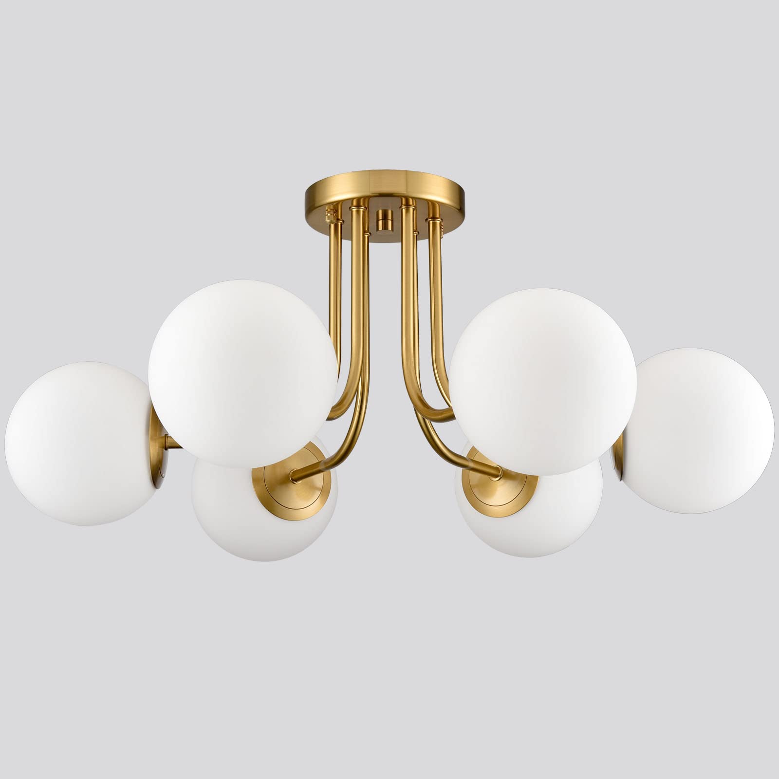 Modern Brass Gold 3-Light Ceiling Light with Globe White Glass Shade Semi Flush Mount Ceiling Light for Living Room Hallway Sputnik Chandelier Lighting Fixture