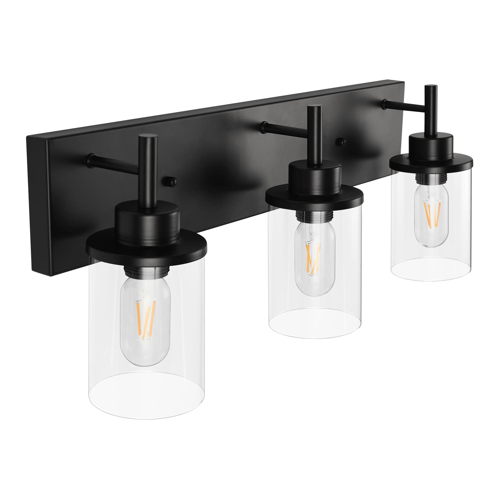 Bathroom Vanity Light Fixtures, 2 Light Wall Sconce Black Vintage Industrial Farmhouse Sconces Wall Lighting with Clear Glass Shade for Bathroom Bedroom Living Room