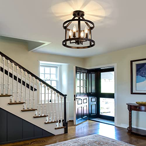 Metal Semi Flush Mount Ceiling Light Fixture 4 Candle Holder Matte Chandelier Farmhouse Ceiling Lamp for Dining Room Bedroom Kitchen Hallway Entryway（Black）