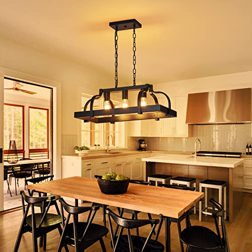 WUZUPS 5-Light Metal Chandelier Imitation Wood Grain Linear Pendant Ceiling Lighting Rustic Farmhouse Fixture Kitchen Island Dining Room, H 8.5" L 31.5" W10, E26 Base, Black & Antique White