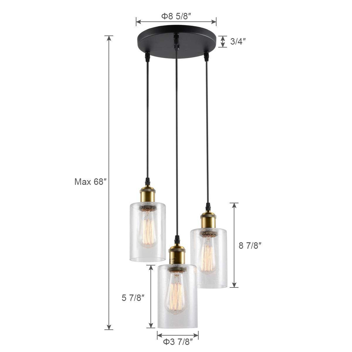 3-Light Black Pendant Light, Modern Farmhouse Seeded Glass Shade Cluster Chandelier Hanging Lamp Fixture for Dining Room Kitchen Island Entryway Black and Gold