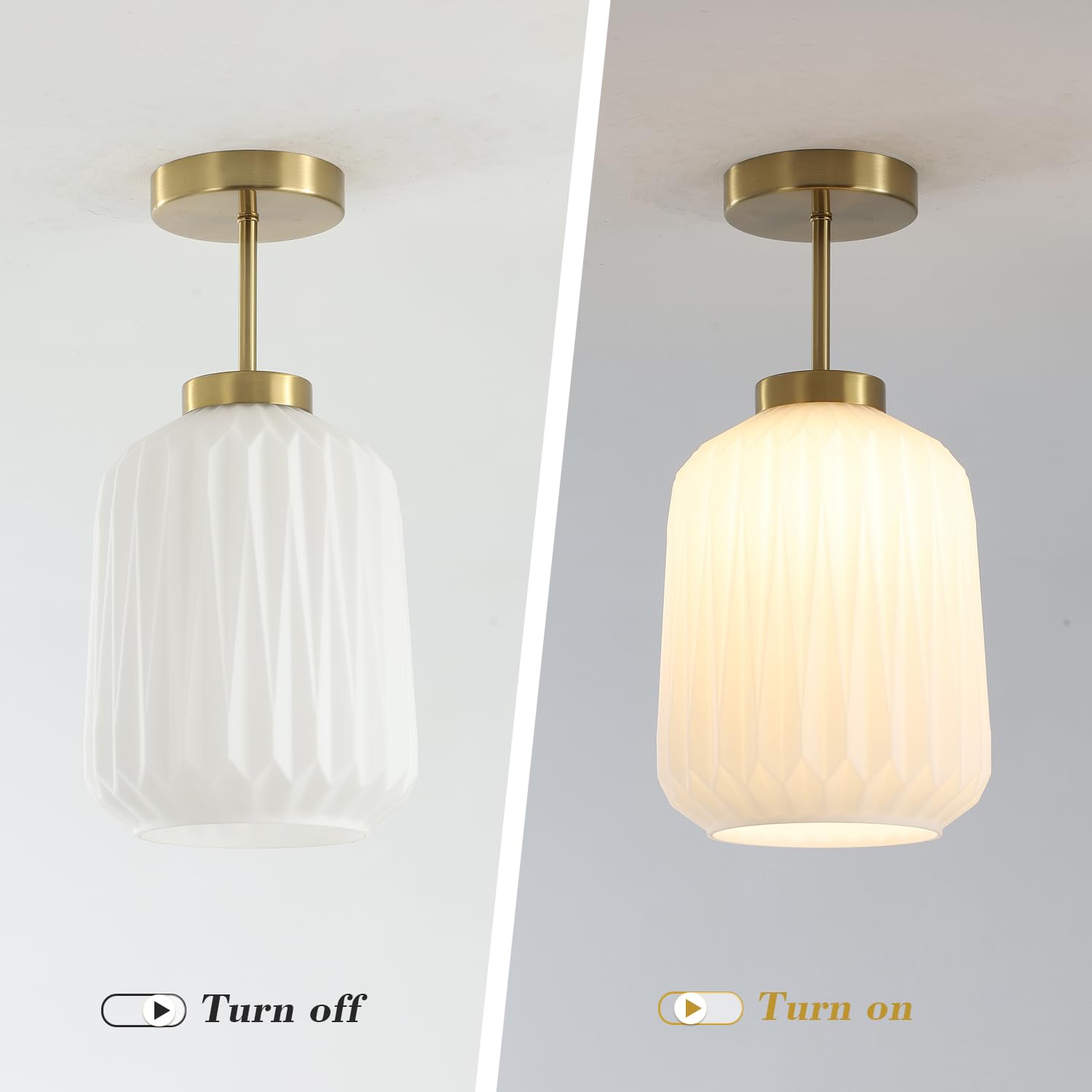 Semi Flush Mount Ceiling Light Mid Century Interior Ceiling Light with White Striation Glass Shade Gold Ceiling Light Fixture for Hallway Corridor Kitchen Bathroom