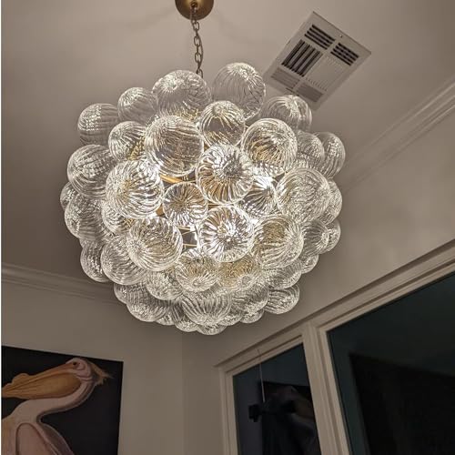 Semi Flush Mount Ceiling Bubble Ball Chandelier Lighting Dia 20 Inch Gold Clear Ribbed Blown Glass Chandeliers Ceiling Medallions Light Fixtures for Bedroom, Living Room, Entry, Bathroom