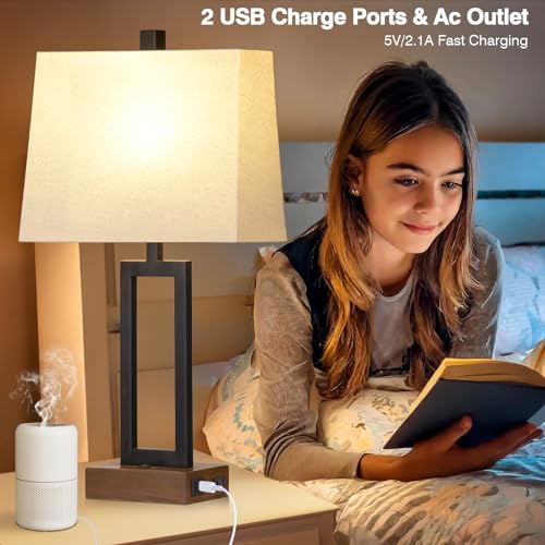 23.5" Touch Control Table Lamps, Metal Bedside Lamp for Bedroom Set of 2 with USB A+C Ports & AC Outlet, 3-Way Dimmable Nightstand Lamp for Living Room (LED Bulb Included)