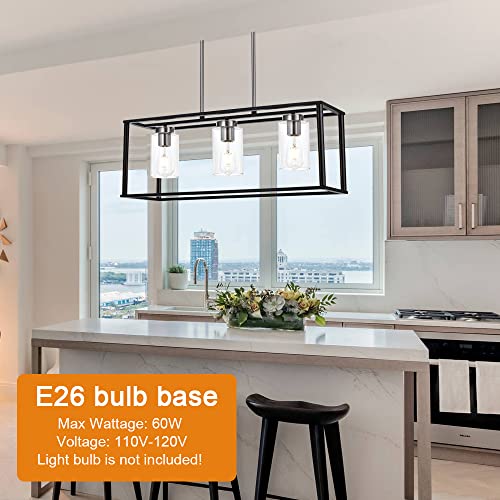 3-Light Industrial Metal Large Pendant Lighting Oil Rubbed Bronze Modern Linear Chandelier with Clear Glass Shades Farmhouse Rustic Ceiling Light Fixtures Hanging for Dining Room Kitchen Island