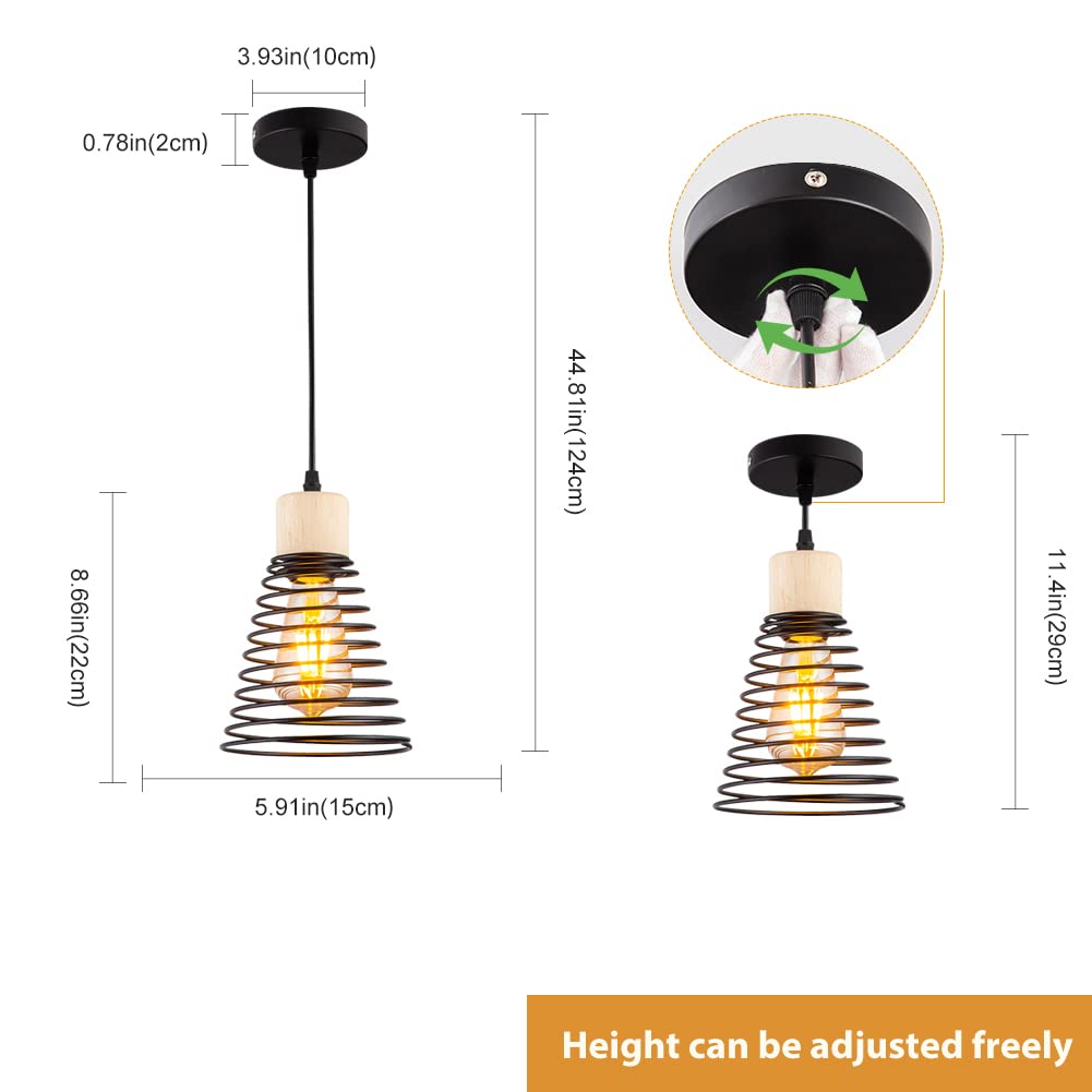 Modern Black Pendant Light Over Kitchen Island, Adjustable Wood Hanging Light Fixture,Industrial Pendant Lighting for Dining Room,Living Room,Bedroom,Hallway,Kitchen,Bar