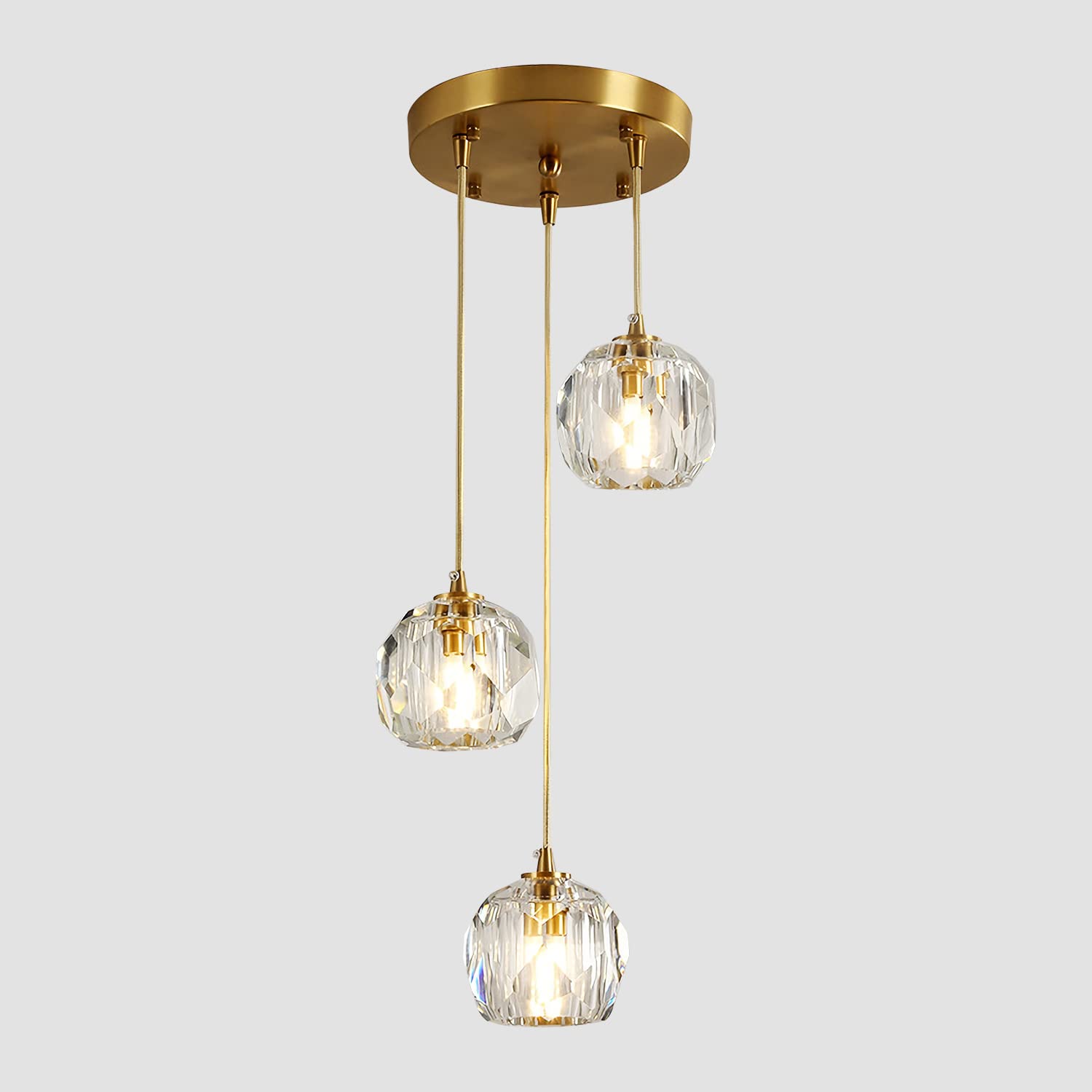 3-Light Cluster Pendant Lighting Crystal Chandelier Gold Hanging Pendant Light Fixture Mid Century Modern Multi Light Pendant Lighting for Dining Room Kitchen Island Bedroom