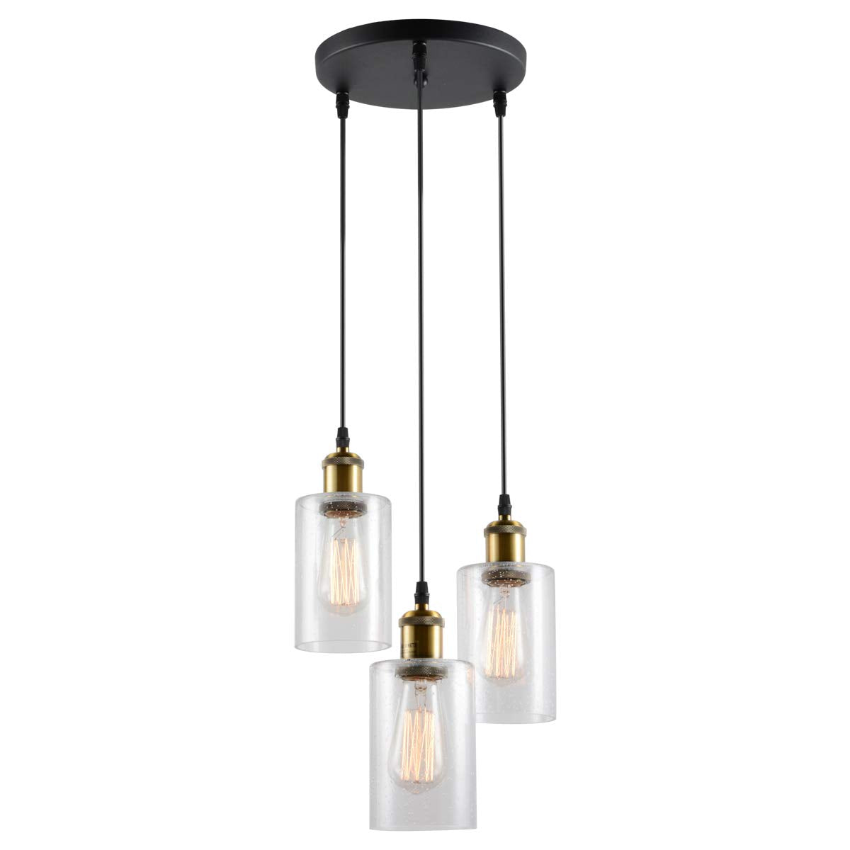 3-Light Black Pendant Light, Modern Farmhouse Seeded Glass Shade Cluster Chandelier Hanging Lamp Fixture for Dining Room Kitchen Island Entryway Black and Gold