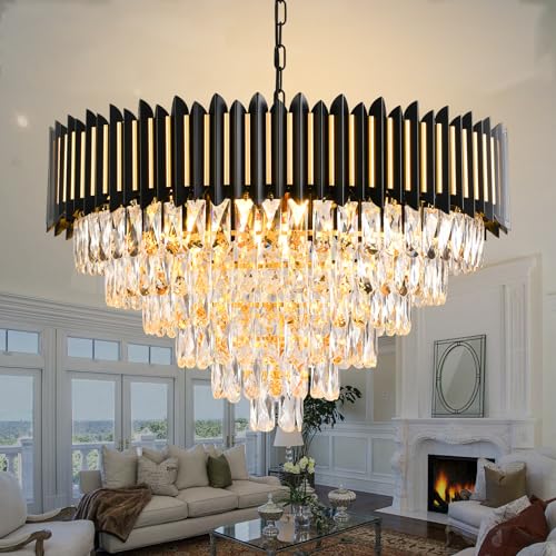 Modern Crystal Chandeliers 3 Tiers Black and Gold Chandelier Pendant Light Fixtures Round Flush Mount Chandeliers Ceiling Lighting for Living Room Dining Room Foyer Bedroom Entryway Kitchen W16in