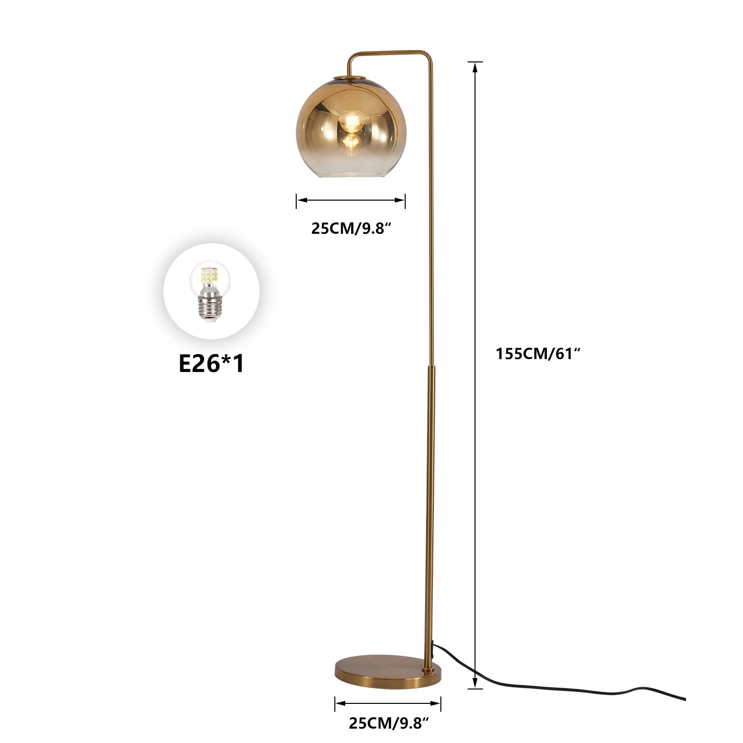 Lighting Contemporary Gradient Gold Floor Lamp Glass Globe LED Standing Light Mid Century Tall Pole Standing Accent Lighting for Office Living Room Bedroom (9.8”-Large)