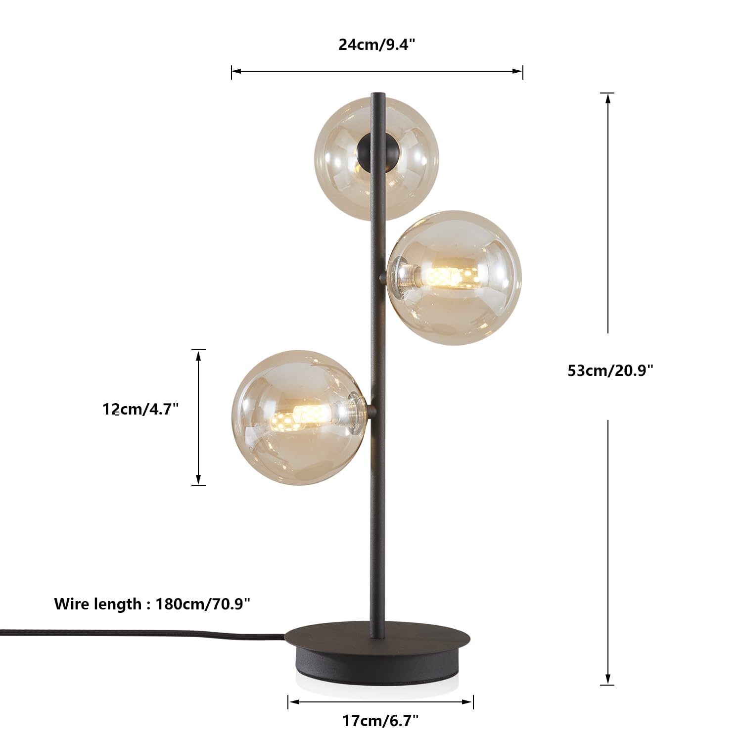 Gold Globe Desk Lamp 3 Lights Mid Century Modern Table Lamp Contemporary Cognac Glass Globe Bedside Lamp for Bedroom Living Room Study Room