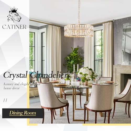 Gold Crystal Chandeliers, Modern Semi Flush Mount Chandelier 4-Ligh Drum Crystal Ceiling Pendant Light Fixture 12” for Foyer Entryway Kitchen Hallway Dining Room