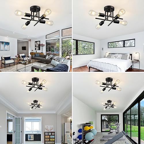 4-Light Modern Sputnik Chandelier, Mid Century Ceiling Light Fixture, Gold Black Semi Flush Mount Ceiling Lights for Dining Room Bedroom Foyer Hallway Kitchen Office (2 Pack)