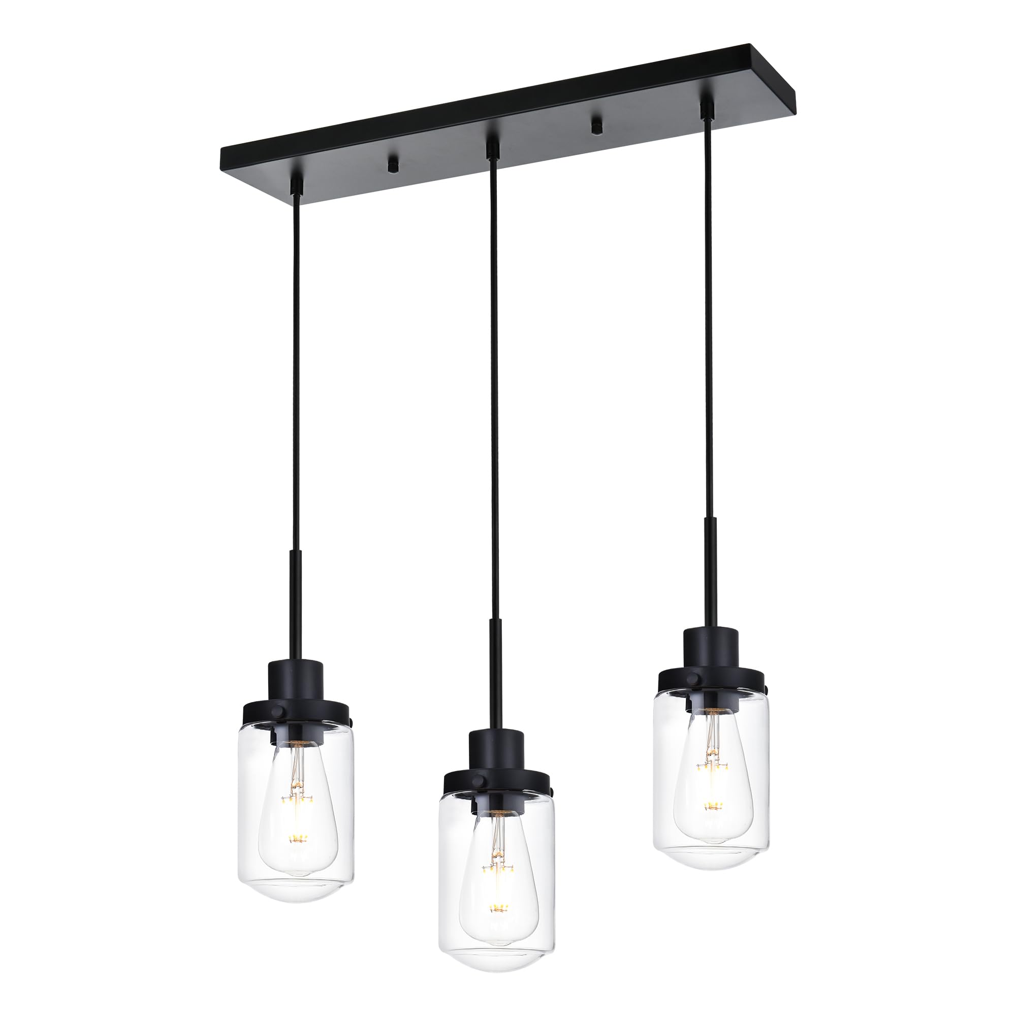 3-Light Linear Hanging Pendant Lighting for Kitchen Island, Black Dining Room Light Fixtures Over Table Linear Chandelier with Clear Glass Shade, Adjustable Height