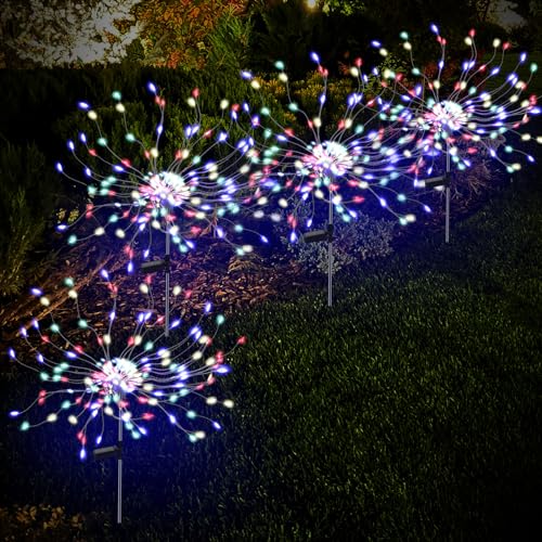 4 Pack 175 LED Solar Garden Lights for Yard, Solar Firework Lights Outdoor Waterproof with 2 Modes Twinkling Lights, Sparkly Solar Starburst Lights for Wedding Walkway Decor (Colorful)