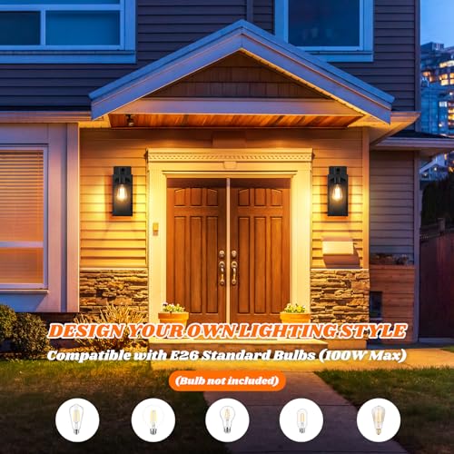 Outdoor Wall Lanterns, Exterior Waterproof Matte Black Wall Light Fixtures, Sconces Wall Lighting with Clear Glass Shade, Anti-Rust E26 Socket Wall Mount Lights for Porch Entryway Patio Garage, 2 Pack