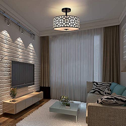 DLLT Flush Mount Ceiling Light: Modern Semi Flush Chandelier Lamp Brushed Chrome Finish - Drum Light Fixture for Bedroom Hallway Kitchen - 3-Light Silver Ceiling Fixture with Double Shade