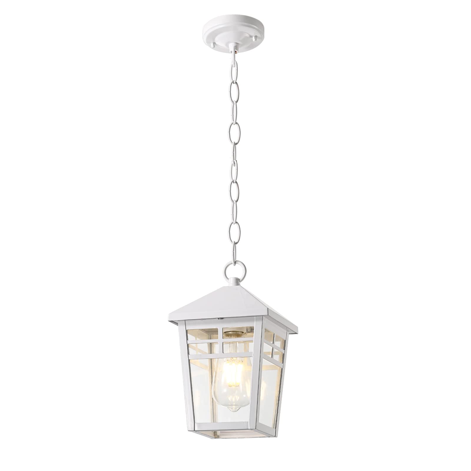 Outdoor Pendant Light Fixture, White Outdoor Hanging Porch Light Waterproof, Exterior Hanging Lantern with Seeded Glass and Adjustable Chain for Porch Entryway Doorway