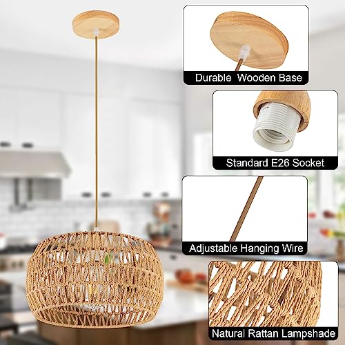 Rattan Pendant Light Fixture Basket Hanging Drum Chandelier Basket Light White Boho Ceiling Light Flush Mount Ceiling Light Woven Kitchen Chandelier for Dinning Room Hallway Bedroom Chandelier