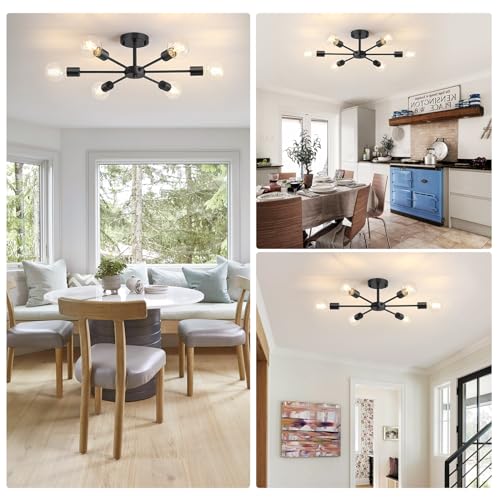 6-Lights Semi Flush Mount Ceiling Light, Matte Black Close to Ceiling Lighting with E26 Base, Modern Sputnik Light Fixtures for Kitchen Dining Room Bedroom Living Room