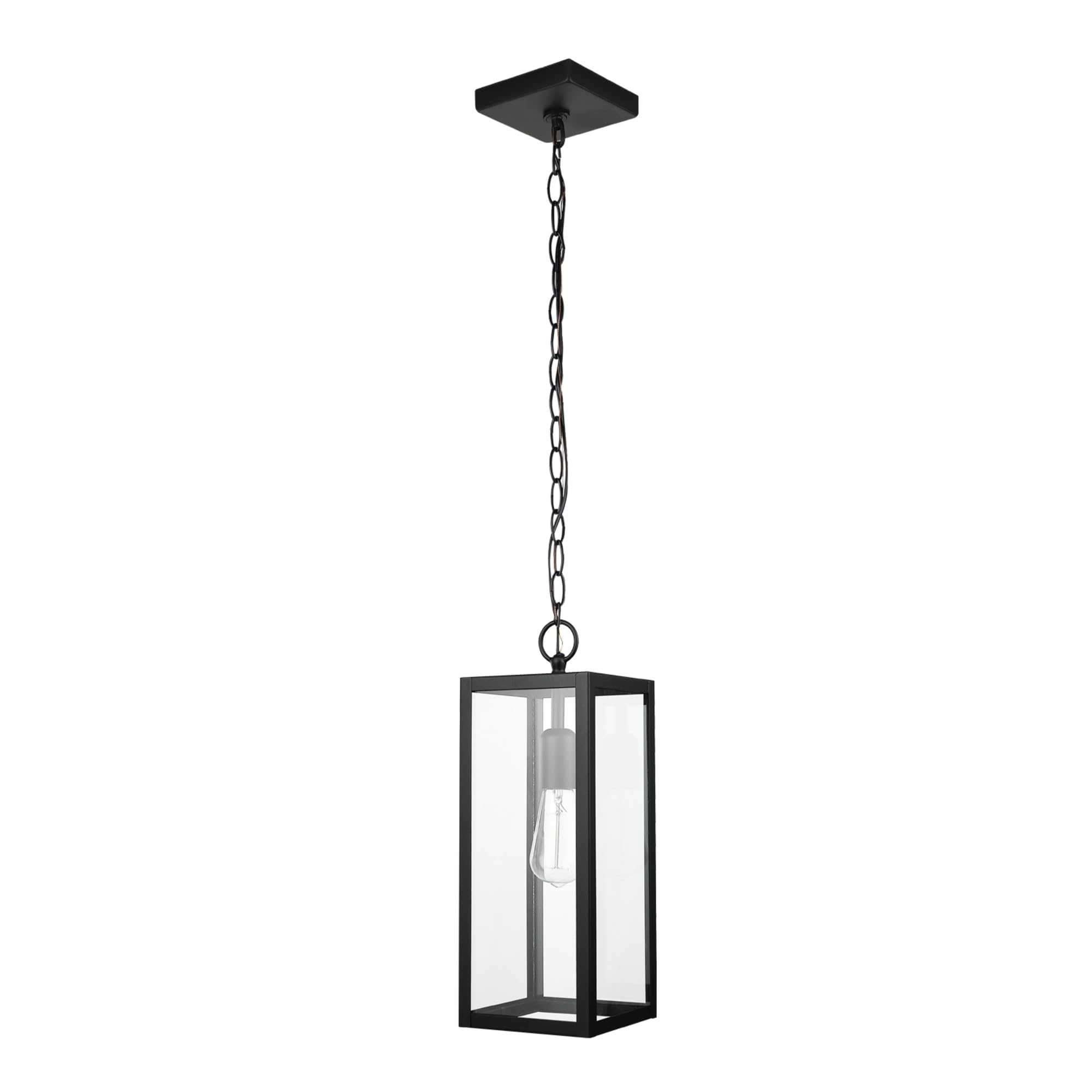 1-Light Outdoor Pendant, Matte Black, Clear Glass Shade, E26 Base Socket, Kitchen Island, Café, Ceiling Hanging Light Fixture, Modern, Vintage, Porch Light, Bulb Not Included