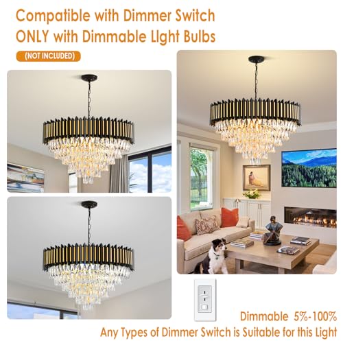 Modern Crystal Chandeliers 3 Tiers Black and Gold Chandelier Pendant Light Fixtures Round Flush Mount Chandeliers Ceiling Lighting for Living Room Dining Room Foyer Bedroom Entryway Kitchen W16in