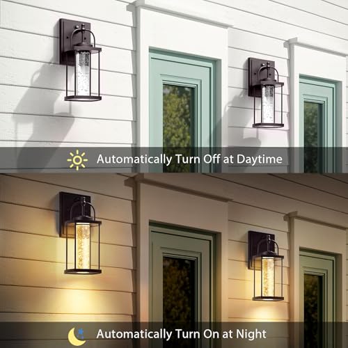 2 Pack Dusk to Dawn Exterior Lighting Fixtures, 10W LED Modern Outdoor Wall Lights Sconce with Crystal Bubble Glass, Black Wall Mount Outdoor Porch Lighting Fixtures for House,Front Door,Garage