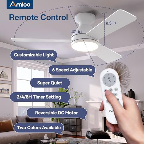 Ceiling Fans with Lights, 42 inch Low Profile Ceiling Fan with Light and Remote Control, Flush Mount, Reversible, 3CCT, Dimmable, Noiseless, Black Ceiling Fan for Bedroom, Indoor/Outdoor Use